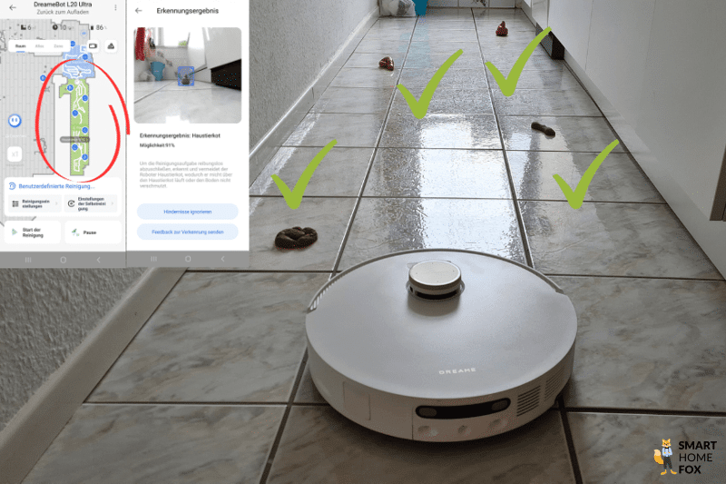 Можно увидеть результаты испытаний Dreame L20 Ultra по обнаружению таких препятствий как какашки домашних животных.